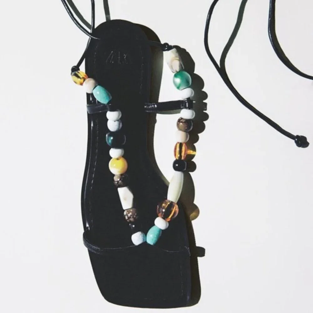 Black Zara Bead Embellished Strap-Ankle Low Heel Squared-Toe Sandals (NWT) - Picture 6 of 7